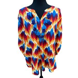 Tru Luxe Ikat Tunic Tassels Multicolor L Flax Blend Boho Cottage Core Artsy Top